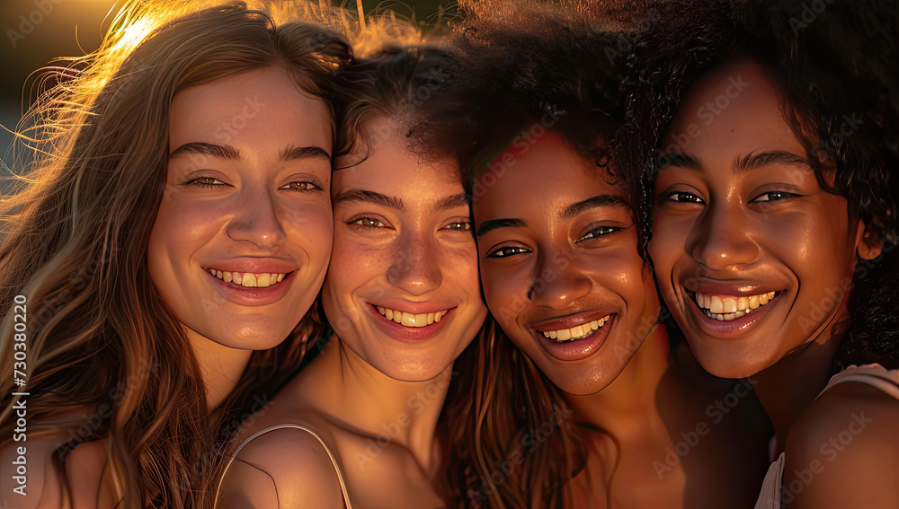 Fototapeta premium stunning women radiating natural beauty and flaunting smooth, glowing skin. This portrait captures numerous appealing female fashion models showcasing impeccable skincare, representing diverse races