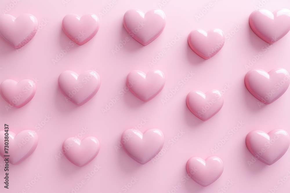 Elegant Minimalistic hearts pastel pink. Multiple glossy little hearts on pink surface. Generate ai