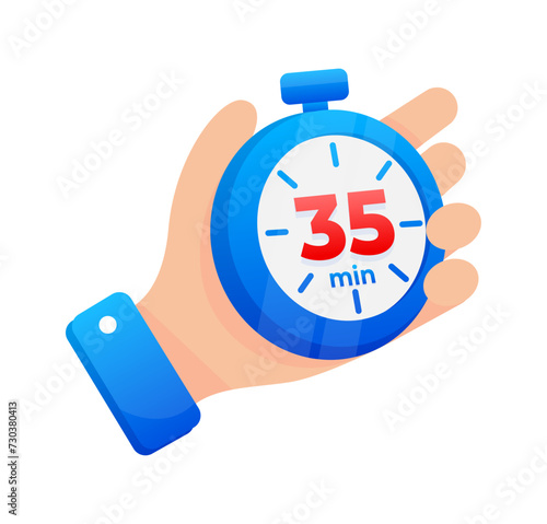 Hand firmly gripping a blue stopwatch set to 35 minutes, with a prominent red highlight on the timer