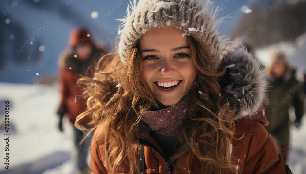 Smiling young woman in winter, enjoying outdoors with happiness generated by AI Smiling young woman in winter, enjoying outdoors with happiness generated by AI