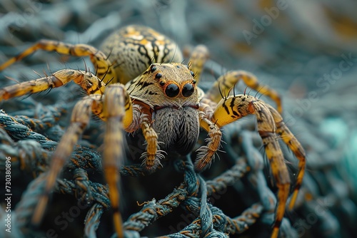 A spider caught in a fishing net.