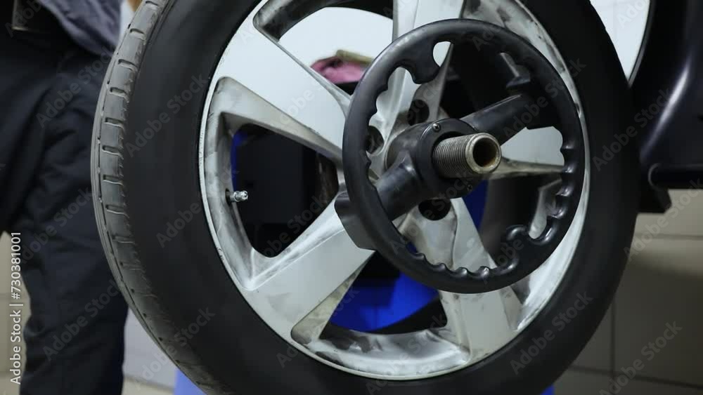 Worker places wheel on calibration machine tool in repair shop. Slow motion Worker places wheel on calibration machine tool in repair shop. Slow motion