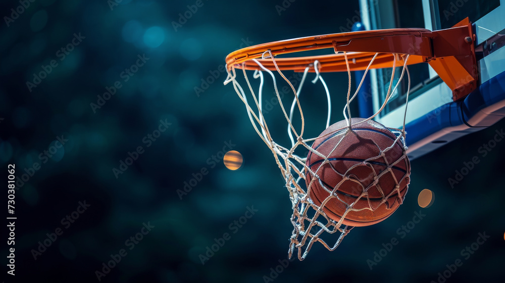 A vibrant basketball gracefully glides through the air, landing perfectly in the net, embodying the spirit of athleticism and the thrill of the game