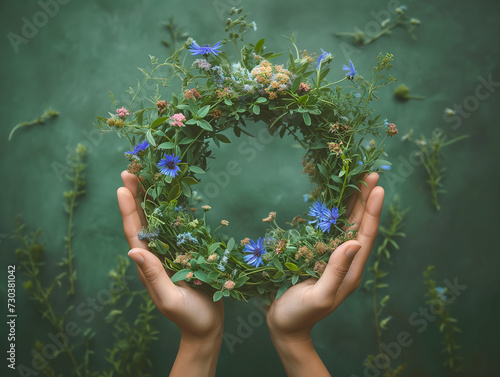 Hands holding a wreath of wild flowers and herbs, on green background. Floral decoration for midsummer celebration, summer solstice. Scandinavian tradition. From above, top view.