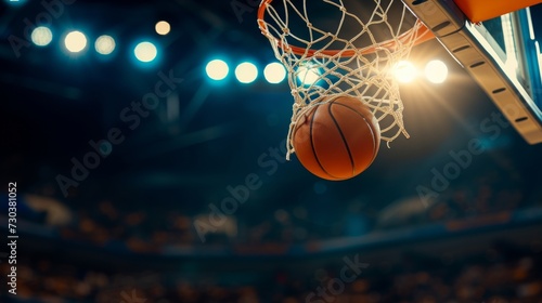 A skilled basketball player gracefully maneuvers the ball through the net in an intense indoor game, showcasing their athletic prowess and love for the sport