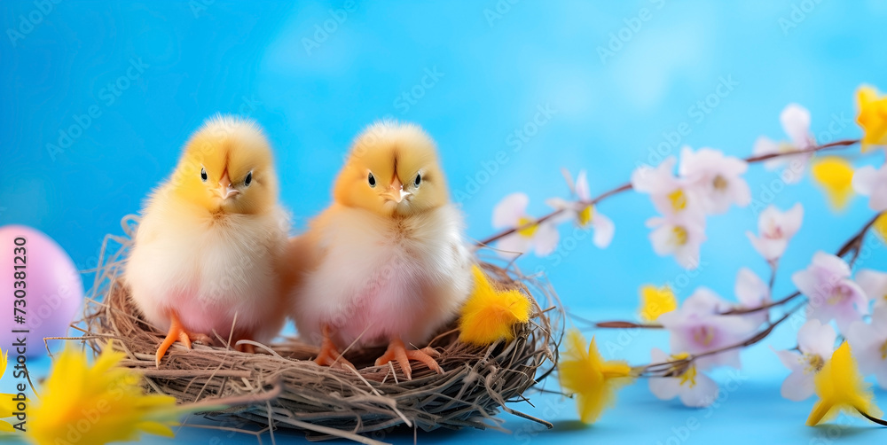 Cute and funny colorful little chickens and pink yellow Easter eggs in nest against blue background. Cute and funny colorful little chickens and pink yellow Easter eggs in nest against blue background.