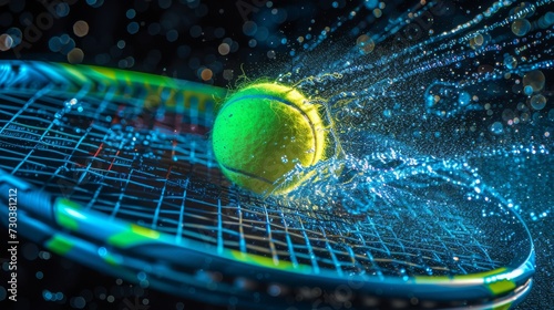 A bright yellow ball collides with a sleek tennis racket, the collision creating a burst of light as the player prepares for their next powerful swing