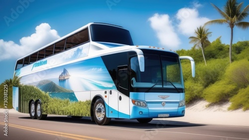 Bus on the Road to the Sea. Travel and Tourism Concept. Bus tour. Generative AI