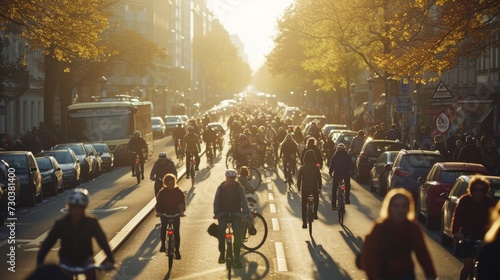 A bustling city street filled with a diverse group of people joyfully riding their bicycles, the spinning wheels creating a vibrant and lively atmosphere amidst the busy traffic