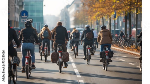 A diverse group of individuals clad in vibrant clothing ride their road bicycles through the bustling city streets, their wheels spinning in perfect unison as they enjoy the freedom and exhilaration  photo