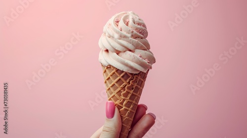 Ice cream dessert in a cone held by a person for summer, birthday, party, product mockup scene creator and text background
