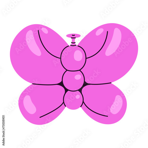 Pink balloon butterfly sculpture. Vector flat illustration isolated on a white background. Balloon twisting concept.