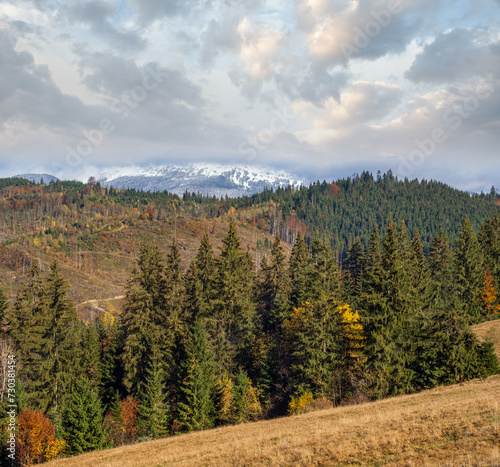 Late autumn mountain morning scene with snow covered tops in far and foggy clouds in valleys. Picturesque traveling  seasonal  nature and countryside beauty concept scene. Carpathians  Ukraine.