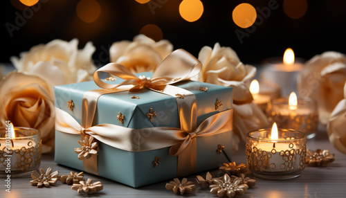 A glowing candle illuminates a gift box on a wooden table generated by AI