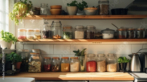 A vibrant kitchen shelf adorned with a variety of full jars, small appliances, and houseplants, adding a touch of warmth and life to the cozy cabinetry and countertop