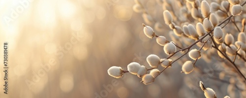 Blooming spring twig on a sunny background with bokeh photo