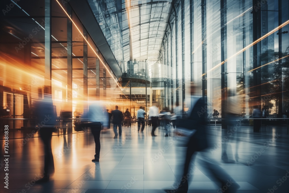 Long exposure shot of business people waking on a modern office building Long exposure shot of business people waking on a modern office building