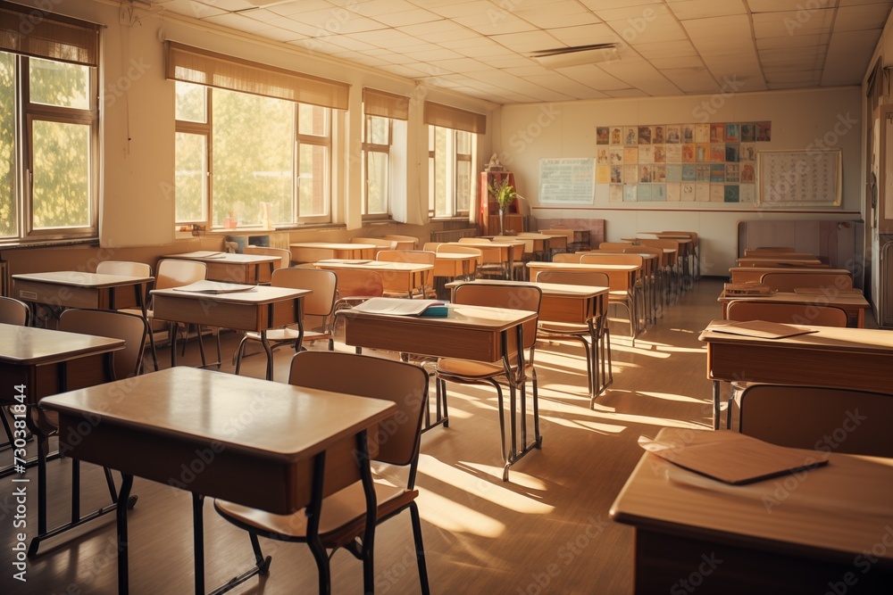 Classroom interior with empty desks and chairs in a public school