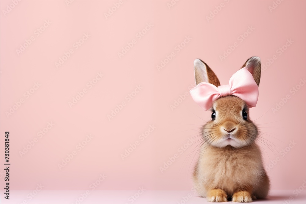Adorable Brown Rabbit Wearing a Pink Bow Sitting Against a Soft Pink Background