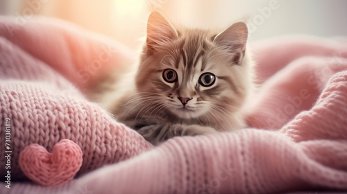 A cute cat is sitting with a heart-shaped pillow. Valentine's Day greeting card.