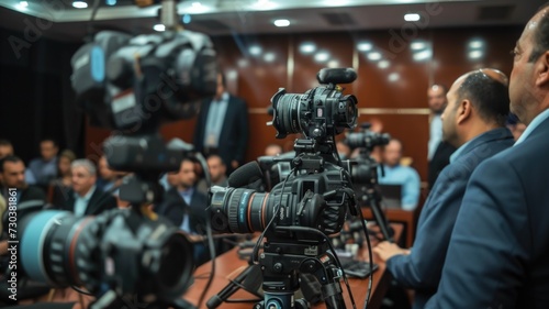 A press conference announcing preliminary election results, with journalists asking questions, reflecting the role of media in the electoral process photo