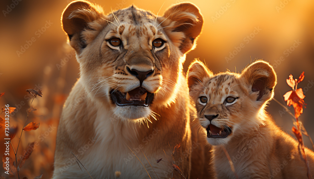 Lion cub playing, hiding, looking at camera in African wilderness generated by AI Lion cub playing, hiding, looking at camera in African wilderness generated by AI