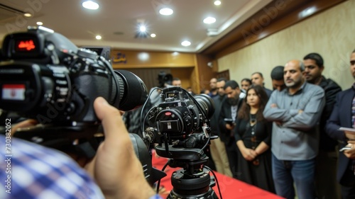 A press conference announcing preliminary election results, with journalists asking questions, reflecting the role of media in the electoral process photo