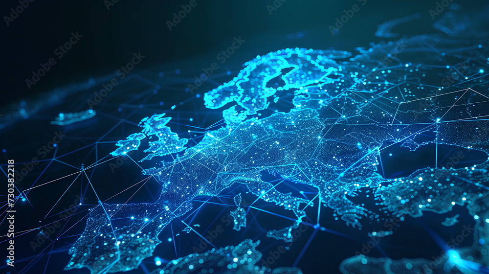 Abstract digital map of Western Europe, European global network concept and connectivity, data transfer and cyber technology, information exchange and telecommunications. - obrazy, fototapety, plakaty 