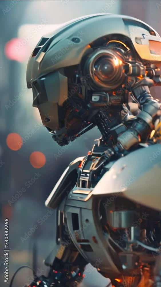 Android robot close-up against a city background, vertical video Android robot close-up against a city background, vertical video