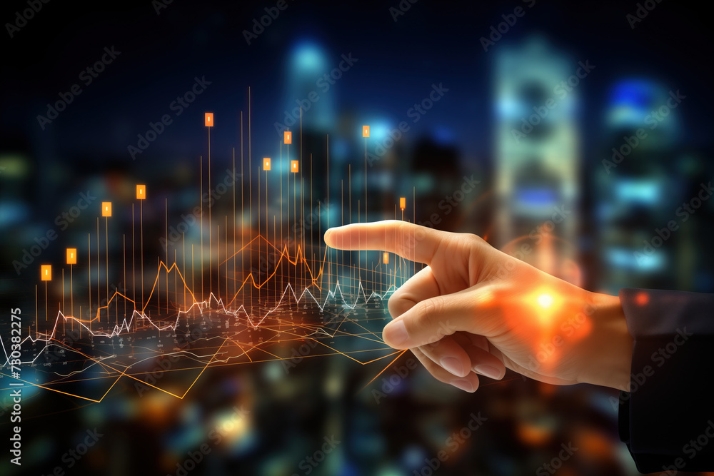 Businessman Touching Digital Interface of Market Analysis Charts - obrazy, fototapety, plakaty 