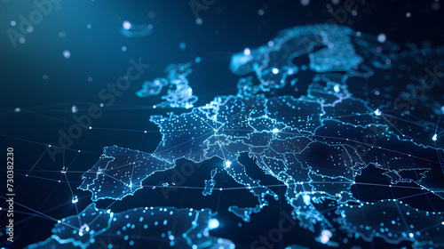 Abstract digital map of Western Europe, European global network concept and connectivity, data transfer and cyber technology, information exchange and telecommunications.