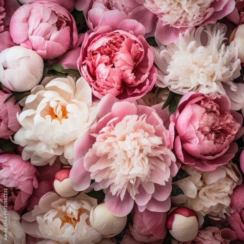 Beautiful background of fresh pink peonies in full bloom  close-up  top view. The concept of a happy Mother s Day  birthday or Valentine s Day greeting card.