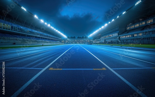 Floodlit Athletic Track in Stadium at Twilight © Adrian
