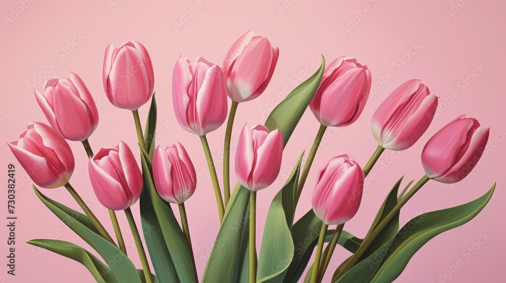 Pink tulips with fresh green leaves on a pink background. Beautiful background for a holiday, valentine's day, women's day. An empty space for the text. Pink tulips with fresh green leaves on a pink background. Beautiful background for a holiday, valentine's day, women's day. An empty space for the text.