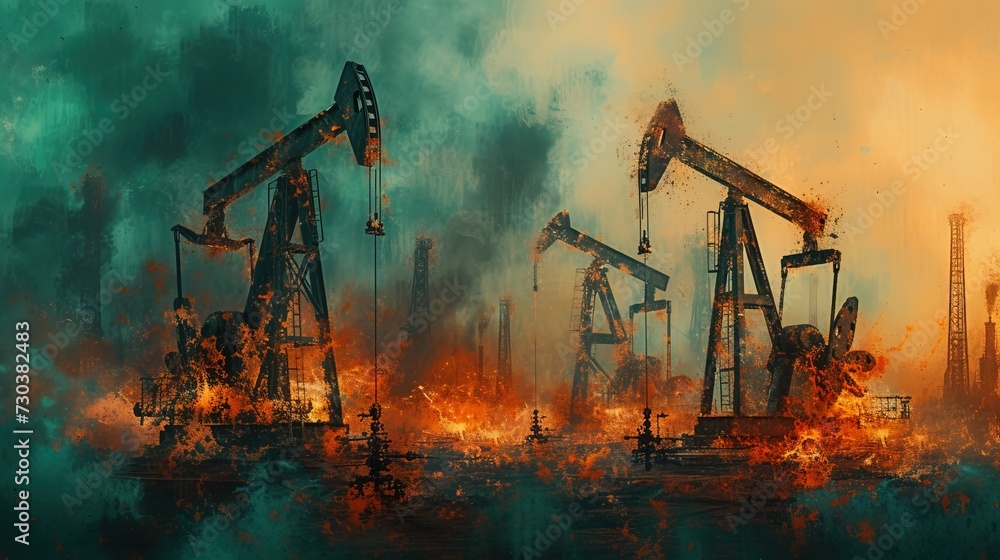Painting of oil derricks taking oil. Painting of oil derricks taking oil.