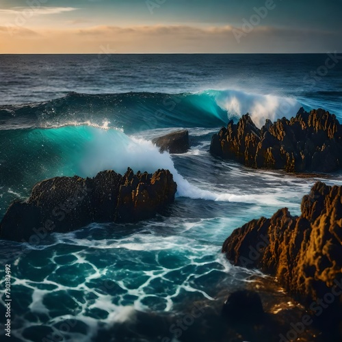 waves crashing on rocks in the sunlight beautiful weather realistic hd image © Creative