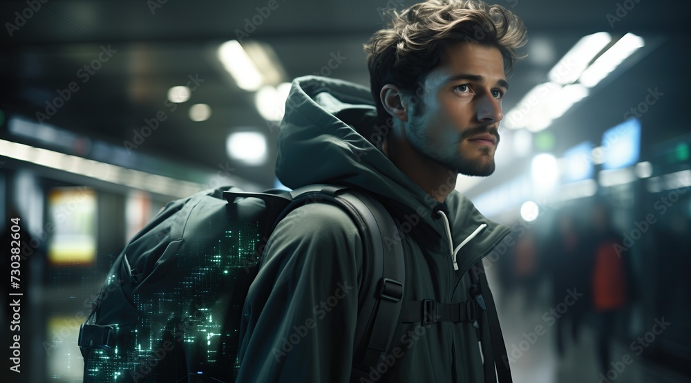 Young Man with Backpack Waiting in Subway Station Young Man with Backpack Waiting in Subway Station