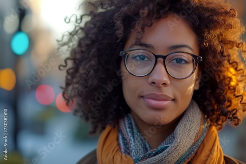 A stylish woman with a vibrant yellow scarf and bold glasses confidently embraces her natural curls while standing on a busy street, exuding a sense of individuality and fashion-forward flair