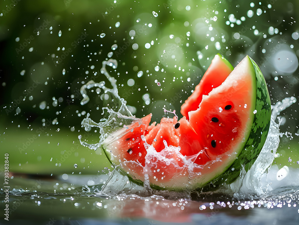 Watermelon splash on green backdrop, droplets in air. Watermelon splash on green backdrop, droplets in air.