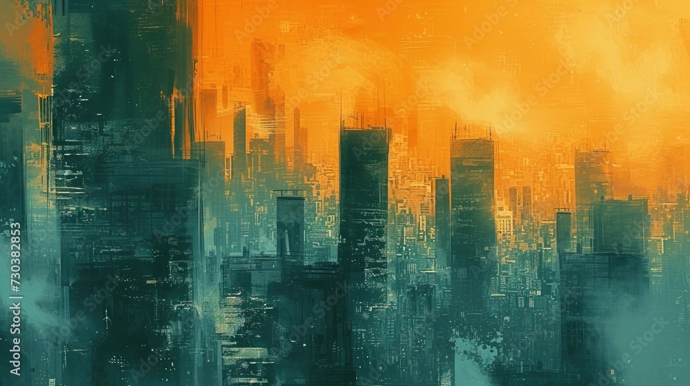Painting of city with skyscrapers.