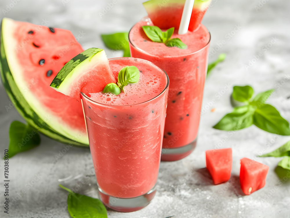 Freshly blended watermelon drink, vibrant and frothy. Freshly blended watermelon drink, vibrant and frothy.