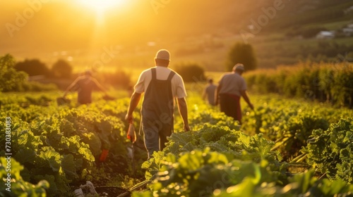 As the sun sets over the mountain landscape, a group of farmers stand proudly in their field of vibrant crops, embodying the harmony between man and nature in the bountiful outdoor plantation