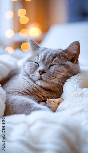 Cat and mouse sleeping toghether in soft bed. World Sleep Day concept