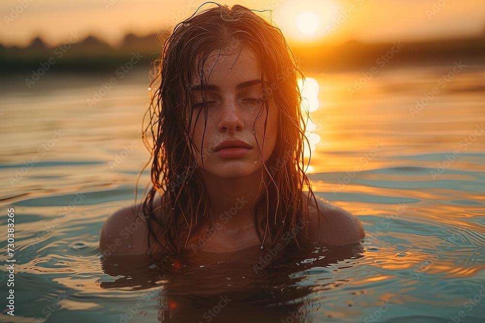 Portrait of woman praying God in the water at sunset.