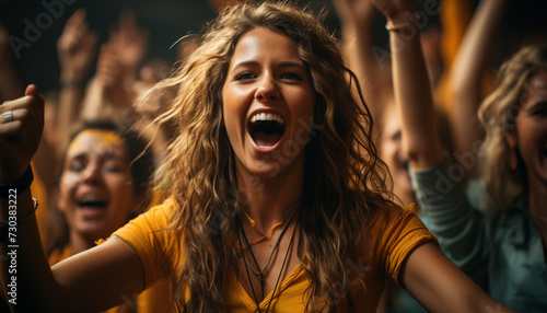Young adults enjoying a music festival, dancing and cheering together generated by AI