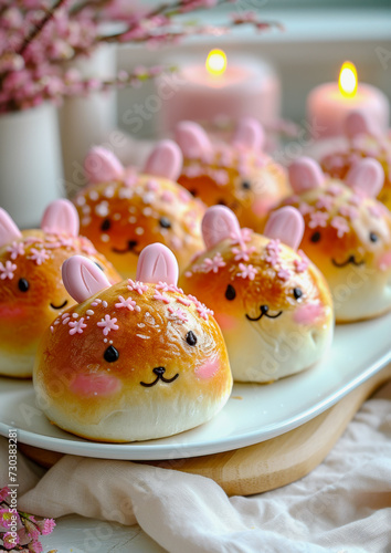 Bunny-Shaped Easter Buns on Plate. Easter baking. © Svetlana Kolpakova