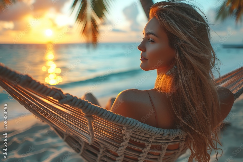 Beautiful woman lying in a hammock on tropical beach at sunset. Stock ...