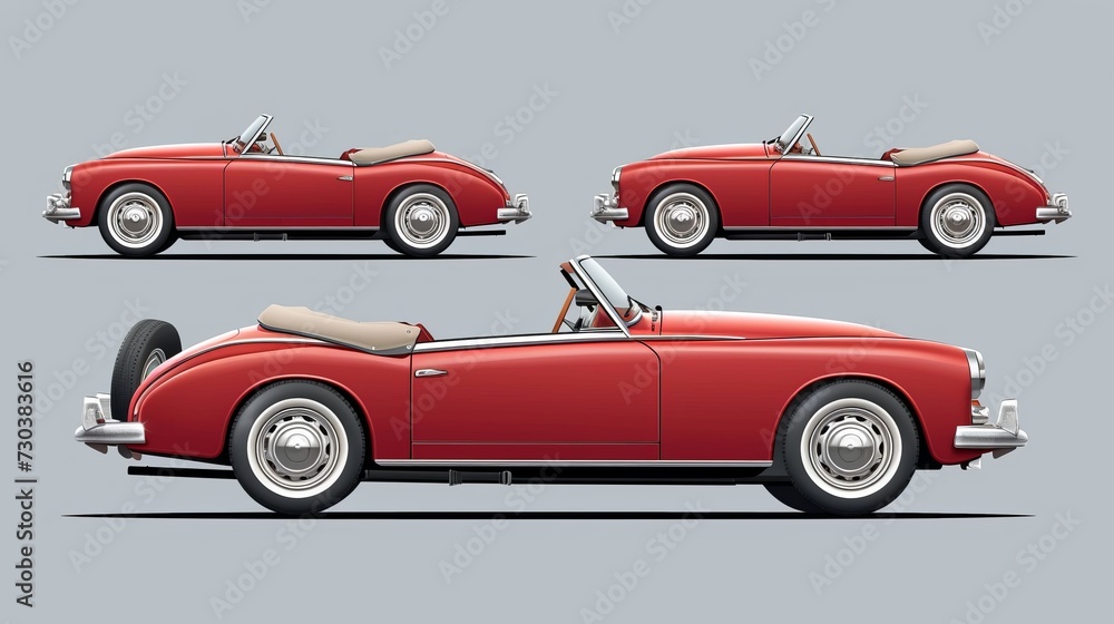 Vector illustration of a red retro car, depicted in a realistic style, against a gray background. The vintage cabriolet is shown from front, side, and back views