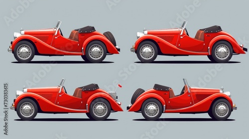 Vector illustration of a red retro car  depicted in a realistic style  against a gray background. The vintage cabriolet is shown from front  side  and back views
