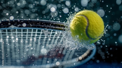 A vibrant burst of motion and sound as a bright yellow tennis ball collides with a sleek racket, sending droplets of water flying through the air in a dynamic display of athleticism and skill © ChaoticMind